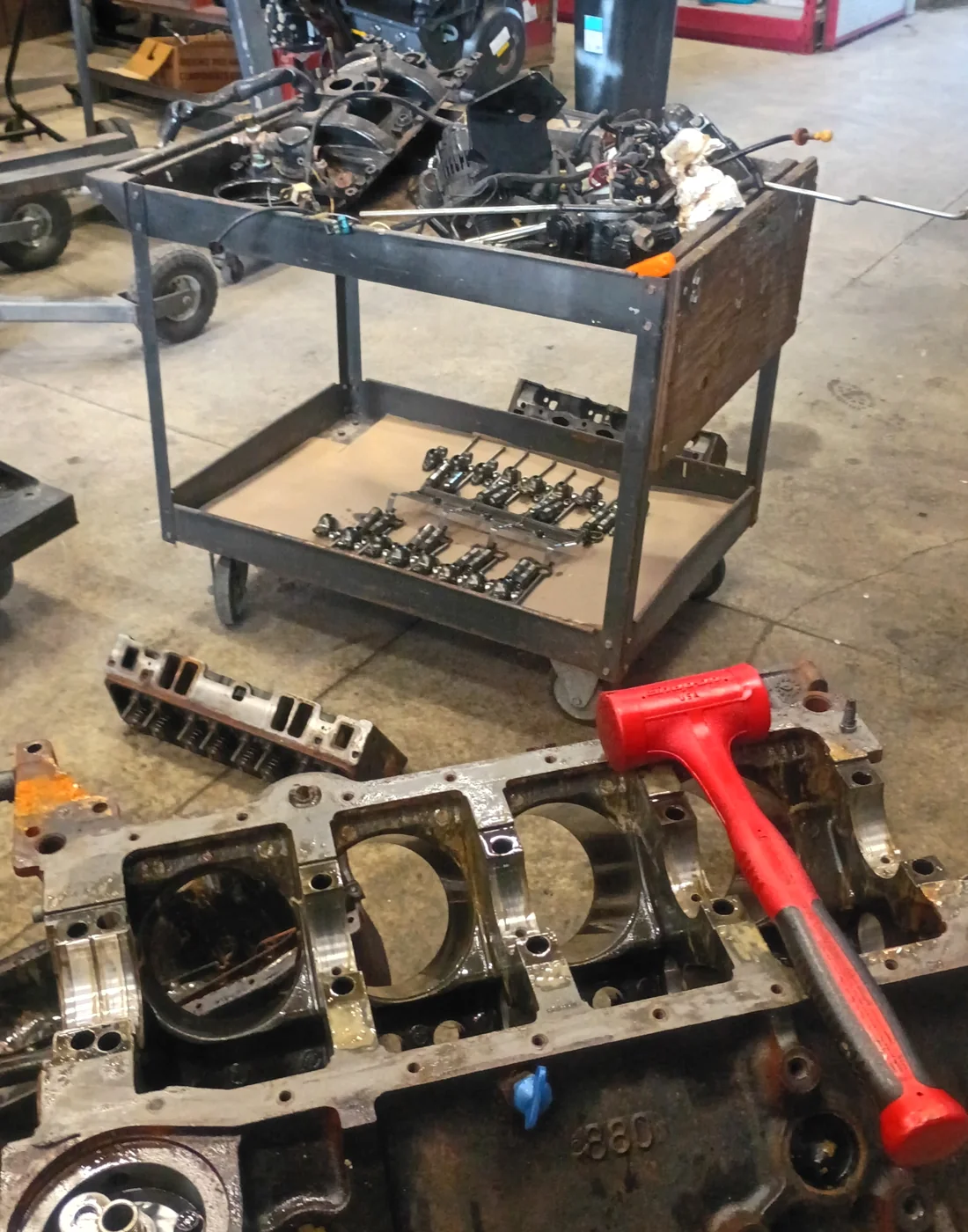 Disassembled marine engine during repair