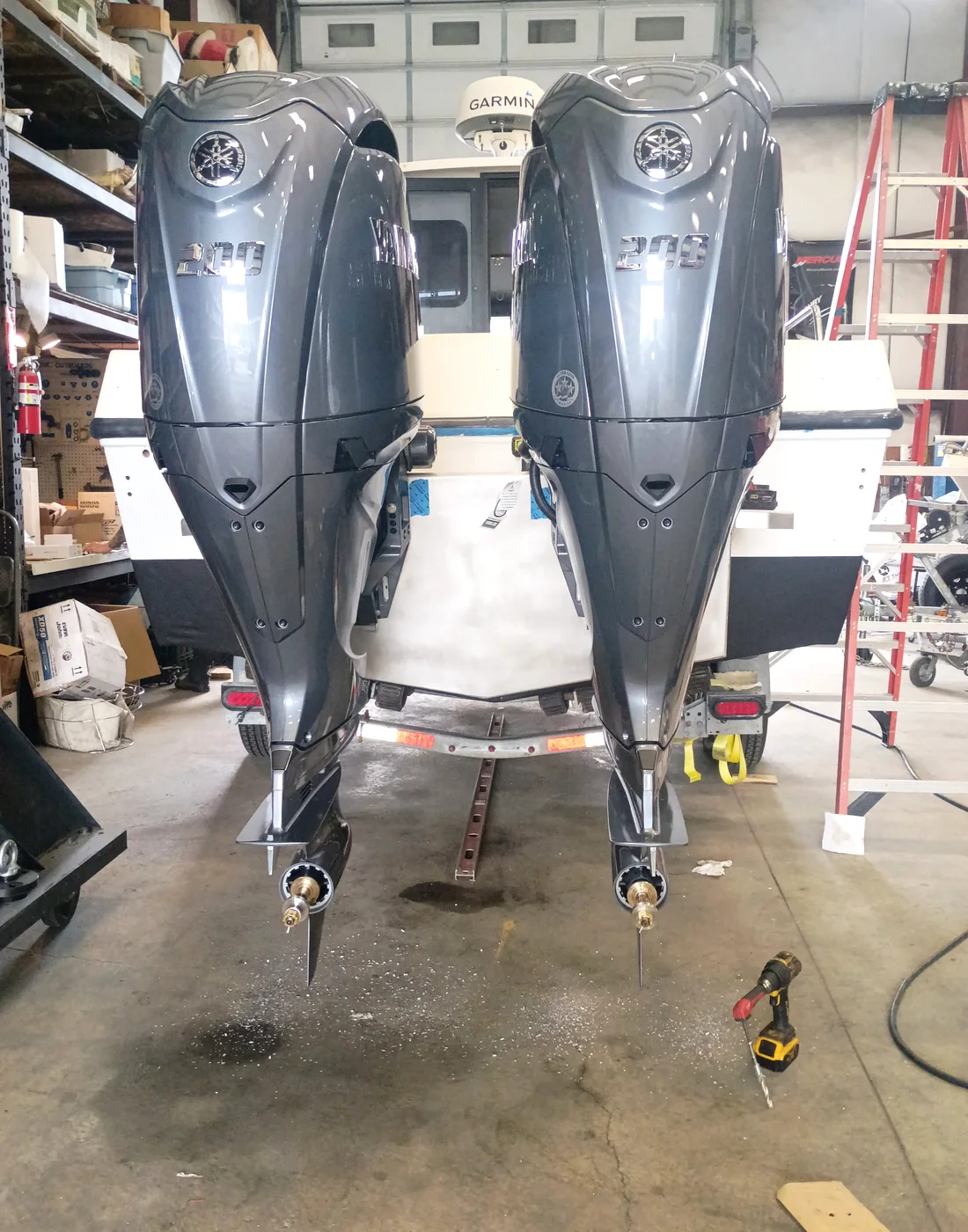 Twin Yamaha 300 outboards in the Crowley Marine shop